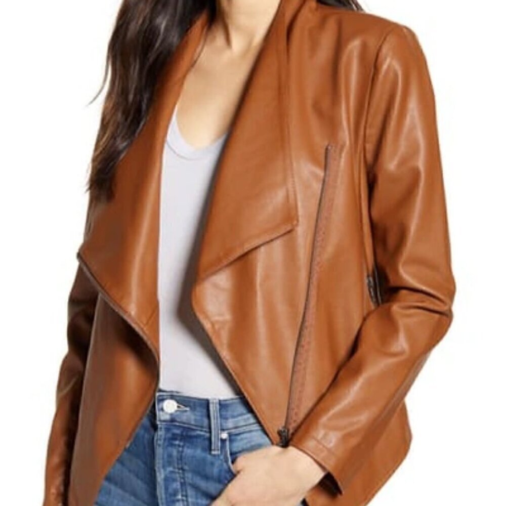 NWT BB Dakota Gabrielle Cognac Brown Vegan Leather Asymmetrical Jacket
